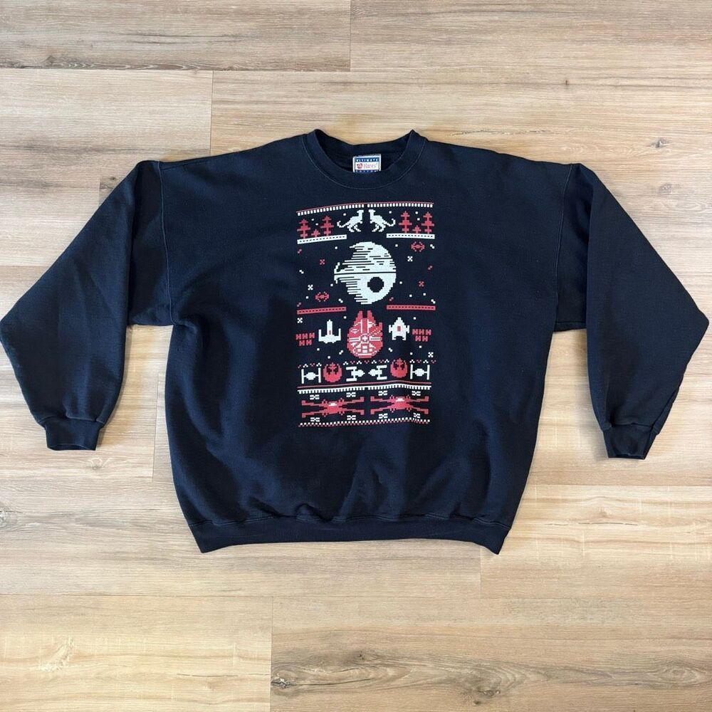 Vintage 90s Star Wars Christmas Style Black Pullover Crewneck Sweatshirt Size XL